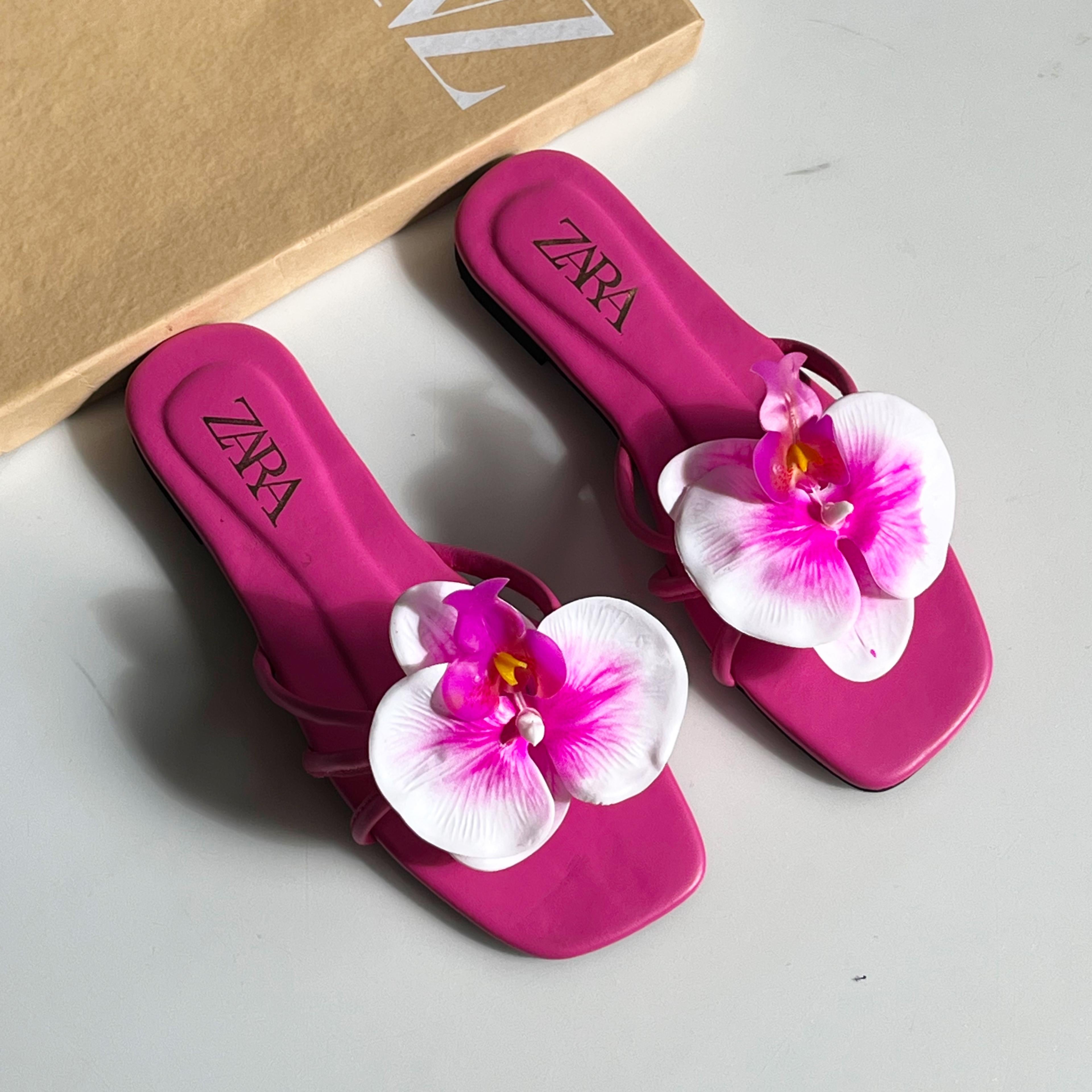 Zara Floral Embellished Square-Toe Flat Slides