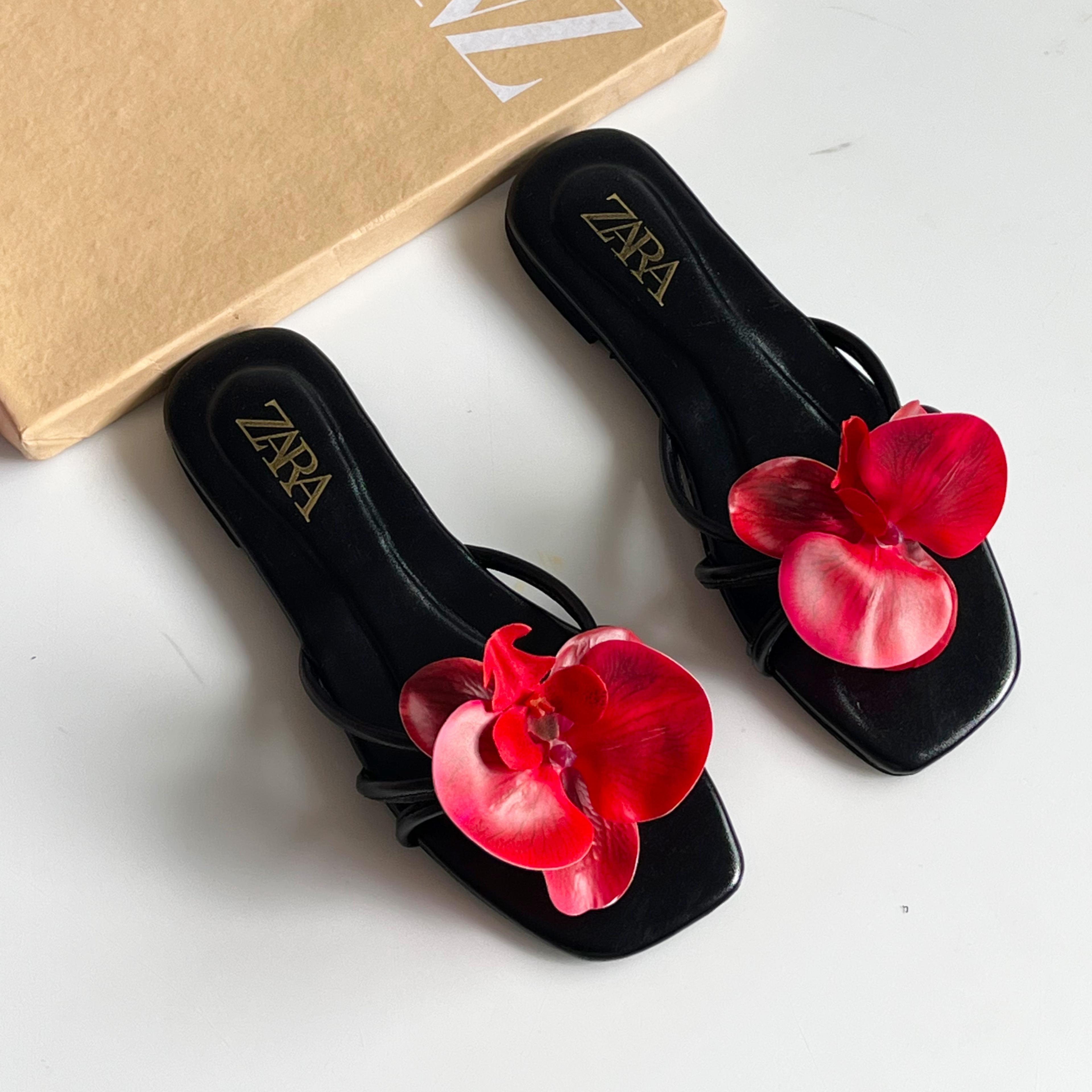 Zara Floral Embellished Square-Toe Flat Slides