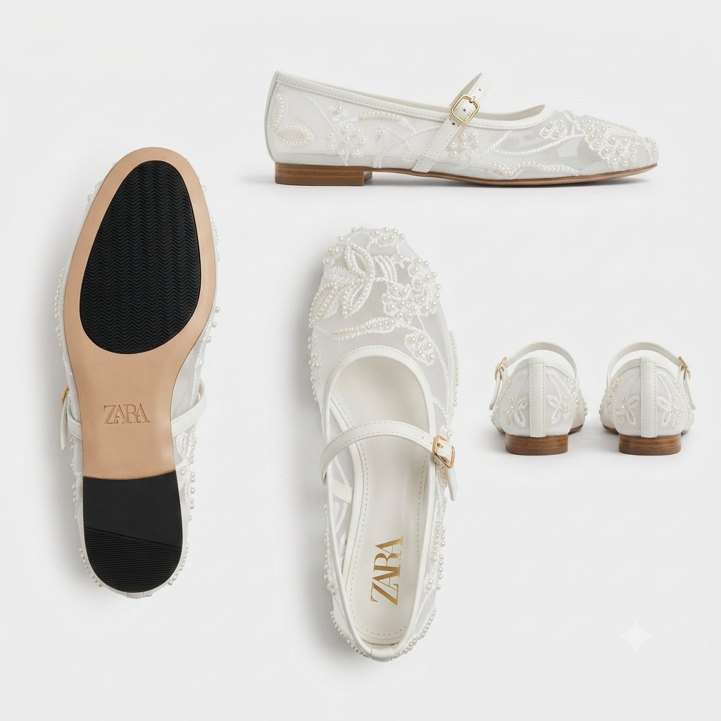 Zara Beaded Mesh Mary Jane Flat Shoes