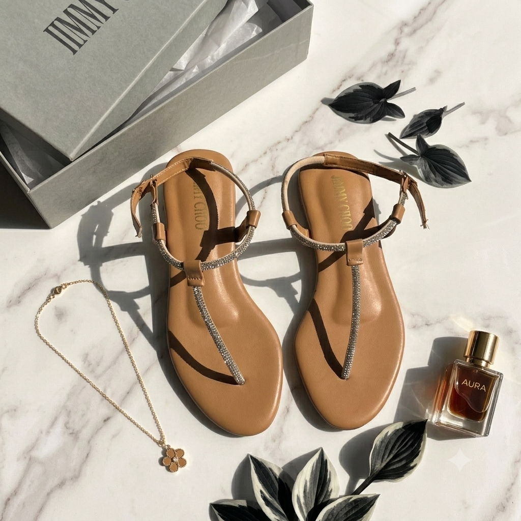 Jimmy Choo Crystal-Embellished T-Strap Flat Sandals