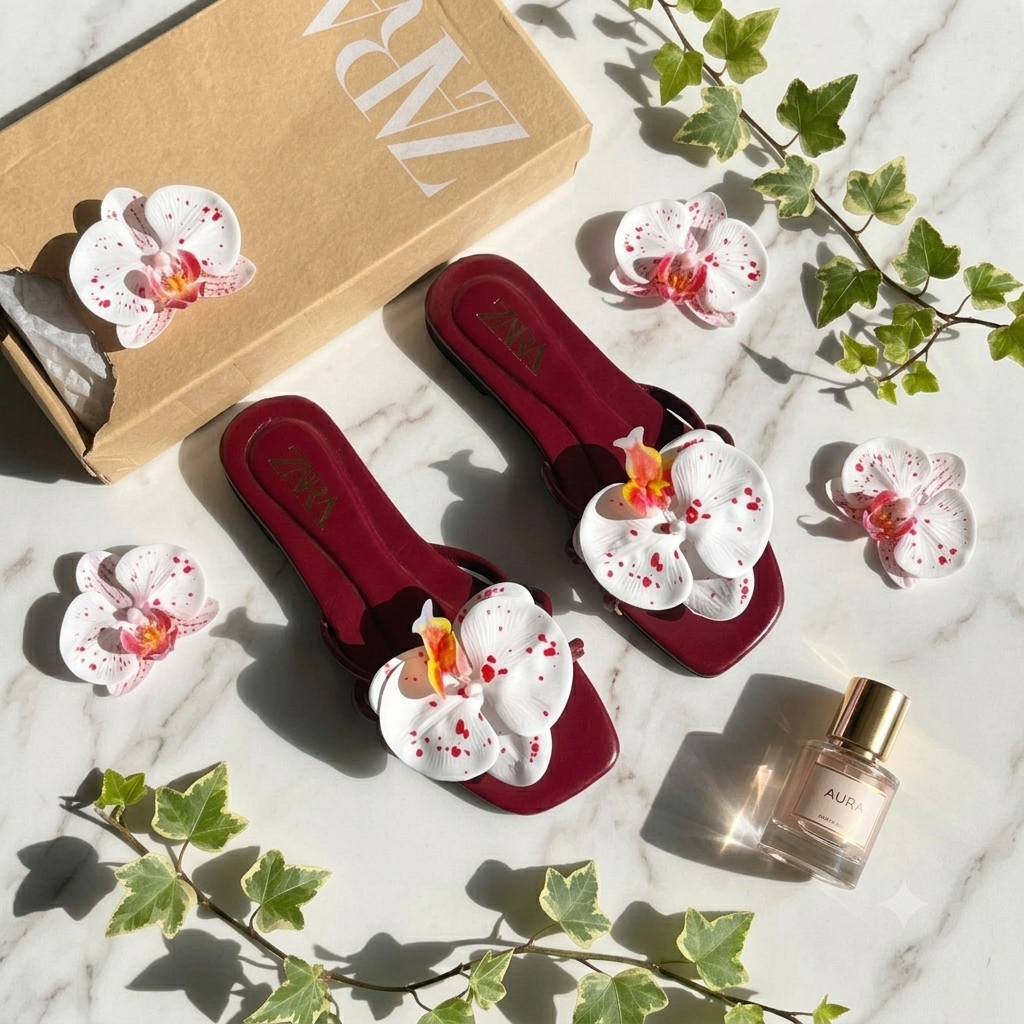 Zara Floral Embellished Square-Toe Flat Slides