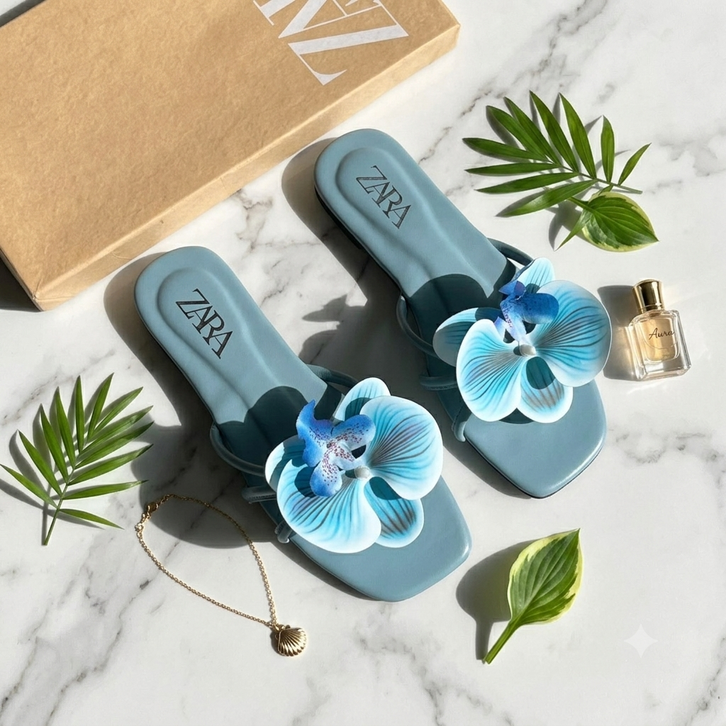 Zara Floral Embellished Square-Toe Flat Slides