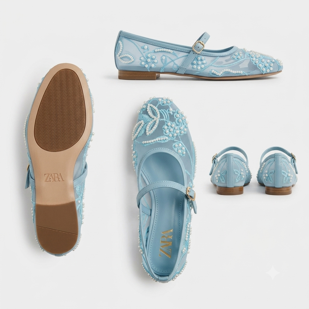 Zara Beaded Mesh Mary Jane Flat Shoes