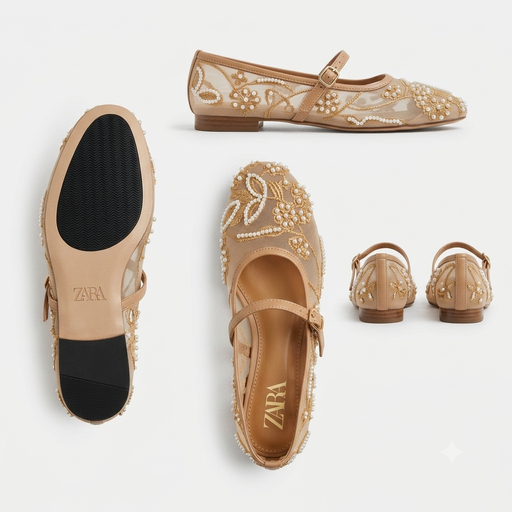 Zara Beaded Mesh Mary Jane Flat Shoes