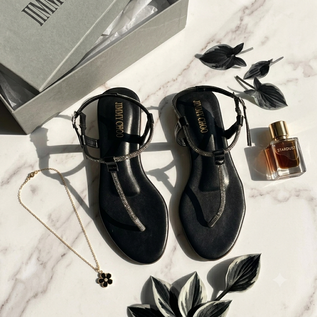 Jimmy Choo Crystal-Embellished T-Strap Flat Sandals