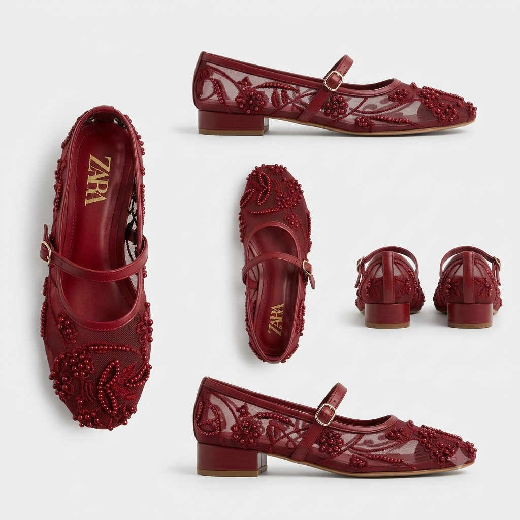 Zara Beaded Mesh Mary Jane Flat Shoes