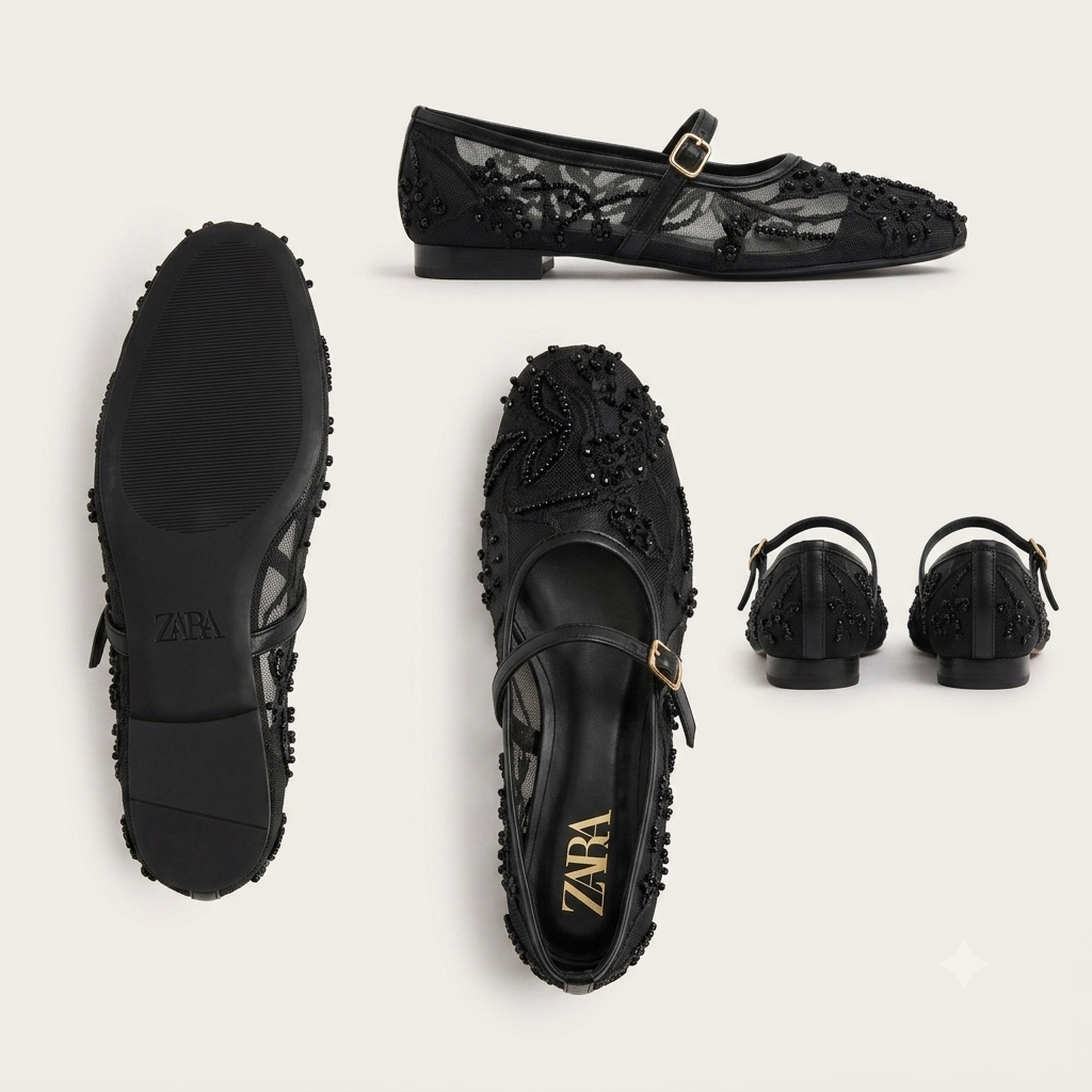 Zara Beaded Mesh Mary Jane Flat Shoes