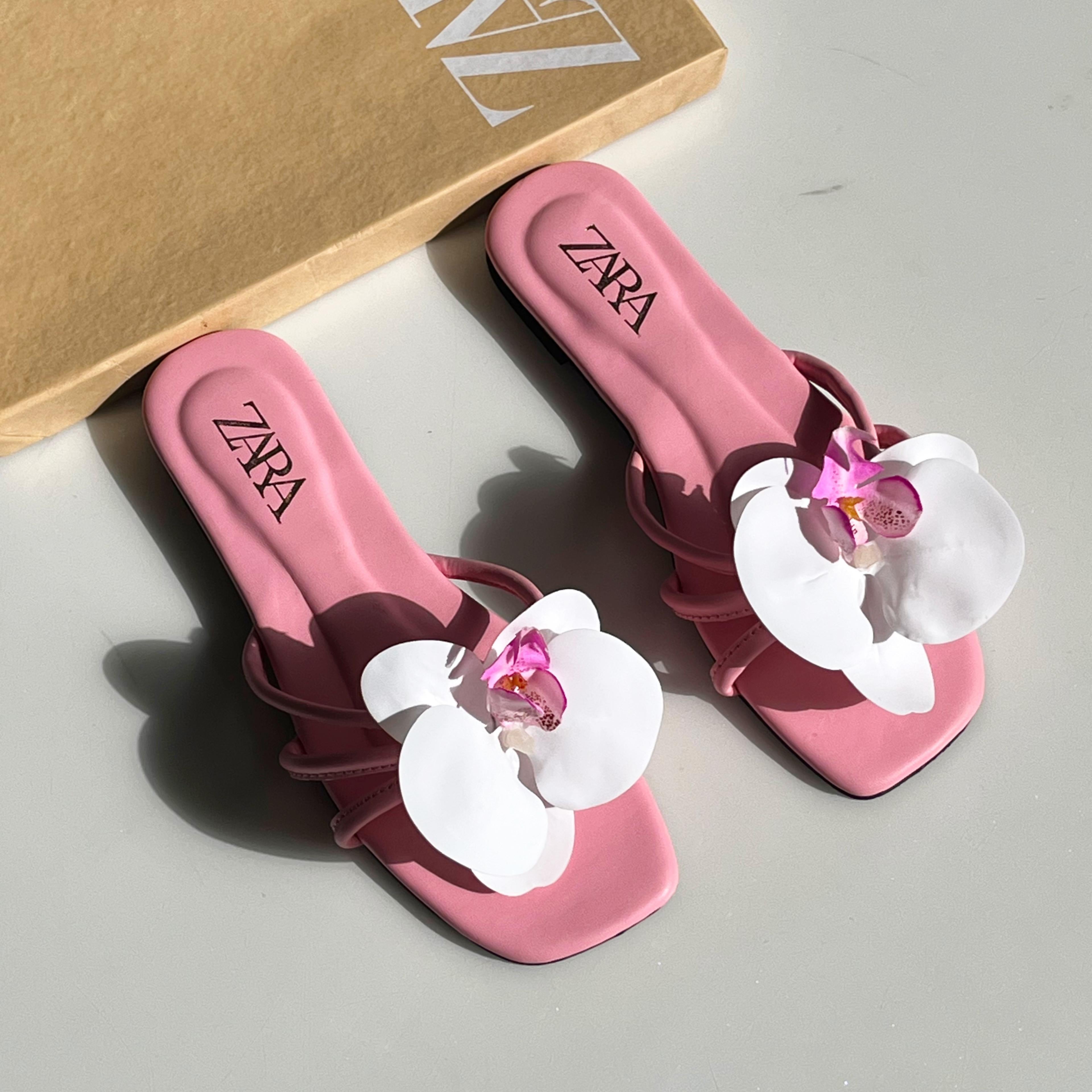 Zara Floral Embellished Square-Toe Flat Slides